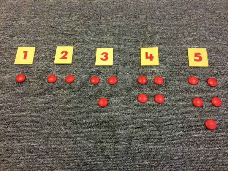 Thẻ số v&agrave; hạt chấm đỏ trong gi&aacute;o cụ montessori 1